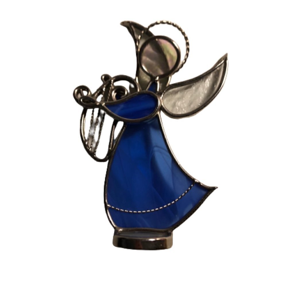 Vintage Stain Glass Standing Angel Blue 5" tall #2545-1